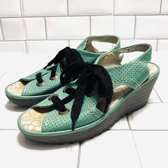Fly London Ylva Platform Sandals Wedge Sling Back Lace Up Sea Foam Green Size 39 - Picture 1 of 15